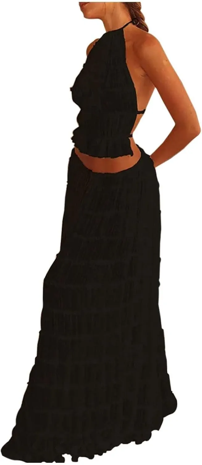 2 Piece Maxi Skirt Set Women Lace Up Sleeveless Back Tank Top Pleated Chiffon Long Skirt Summer Beach Outfits