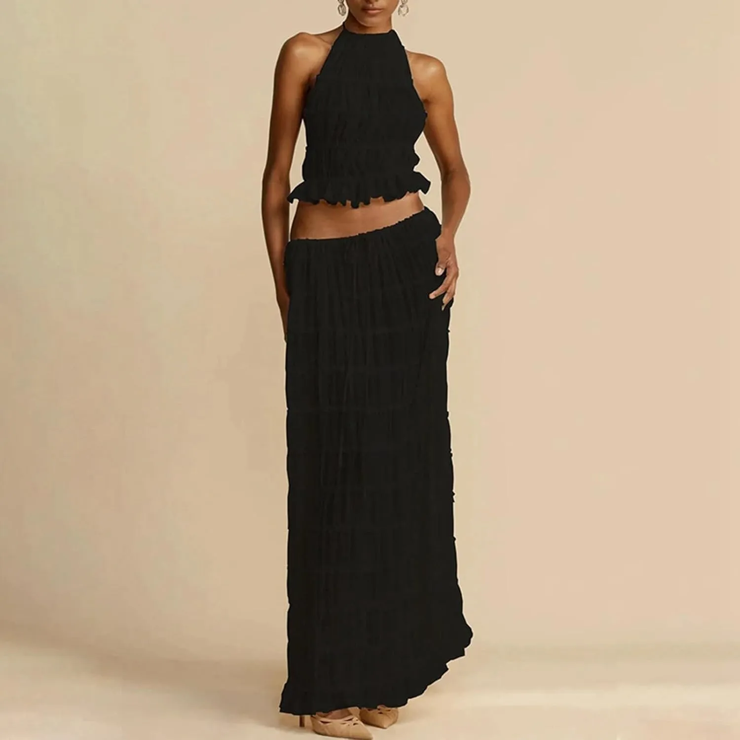 2 Piece Maxi Skirt Set Women Lace Up Sleeveless Back Tank Top Pleated Chiffon Long Skirt Summer Beach Outfits