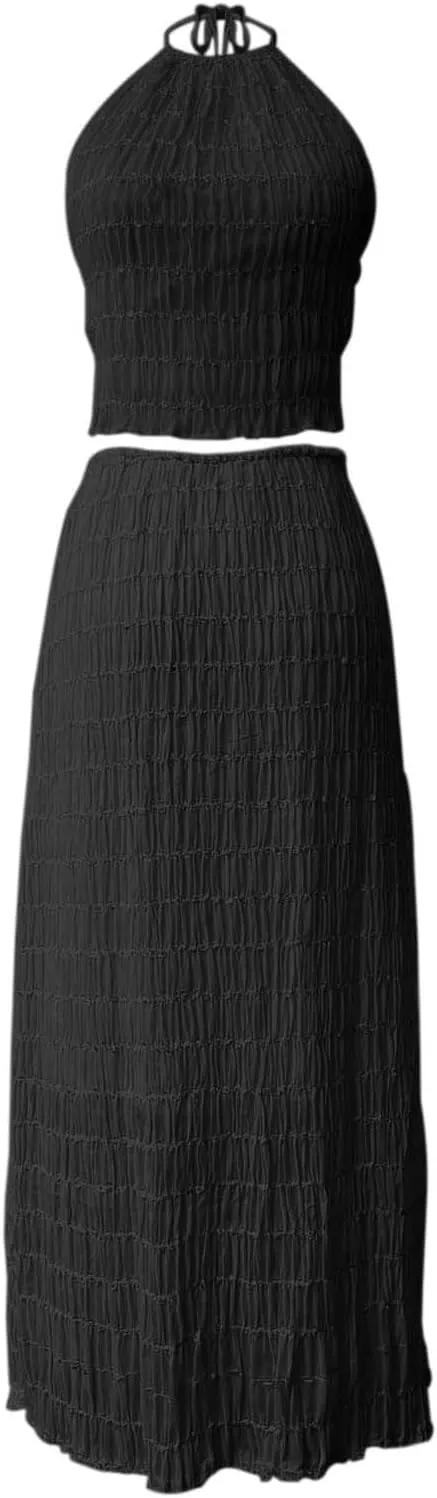 2 Piece Maxi Skirt Set Women Lace Up Sleeveless Back Tank Top Pleated Chiffon Long Skirt Summer Beach Outfits