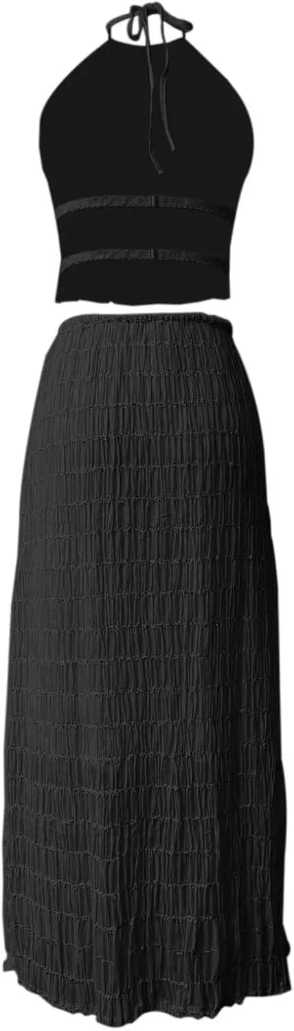 2 Piece Maxi Skirt Set Women Lace Up Sleeveless Back Tank Top Pleated Chiffon Long Skirt Summer Beach Outfits