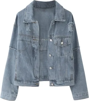2023 Womens Cropped Denim Jackets Trendy Button Up Shacket Fall Spring Long Sleeve Jean Coats Retro Petite Denim Coat
