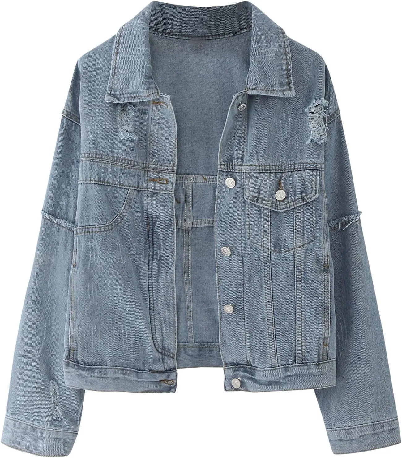 2023 Womens Cropped Denim Jackets Trendy Button Up Shacket Fall Spring Long Sleeve Jean Coats Retro Petite Denim Coat