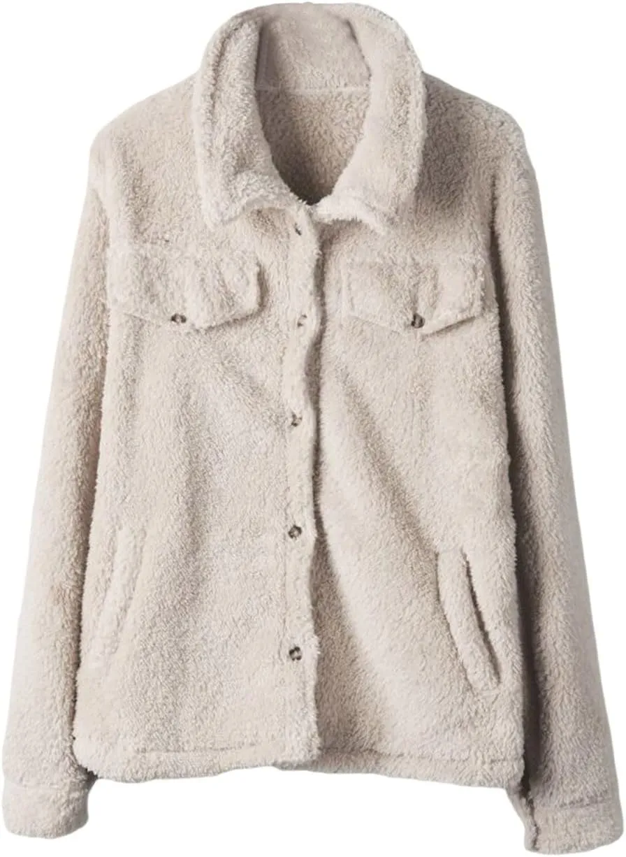2024 Womens Sherpa Fleece Coats Winter Warm Soft Button Up Woolen Jackets Fuzzy Shacket Plus Size Short Outwear Cardigan