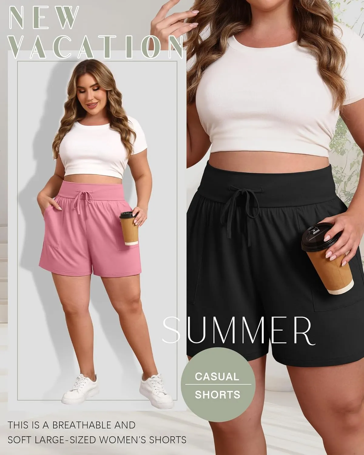3 Pack Women's Plus Size Cotton Shorts, Drawstring Sweat Shorts Loose Lounge Running Athletic Shorts with Pockets