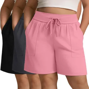 3 Pack Women's Plus Size Cotton Shorts, Drawstring Sweat Shorts Loose Lounge Running Athletic Shorts with Pockets