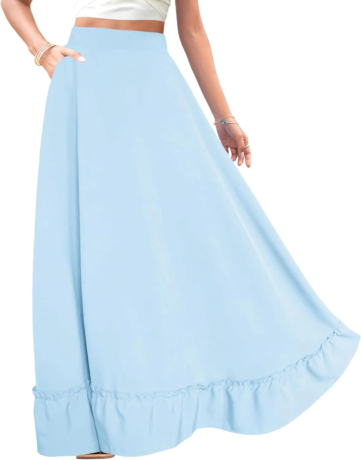Afibi Women Plus Size Maxi Skirt Vintage High Waist Long Skirt with Pockets