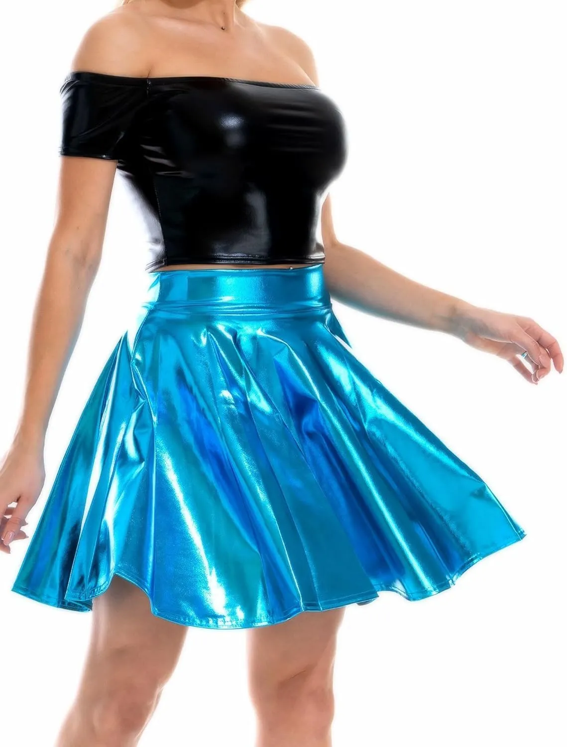Aivtalk Metallic Skirt Shiny Flared Mini Skirt High Waist Holographic Skirt Halloween Pleated Leather Skirt