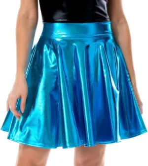 Aivtalk Metallic Skirt Shiny Flared Mini Skirt High Waist Holographic Skirt Halloween Pleated Leather Skirt