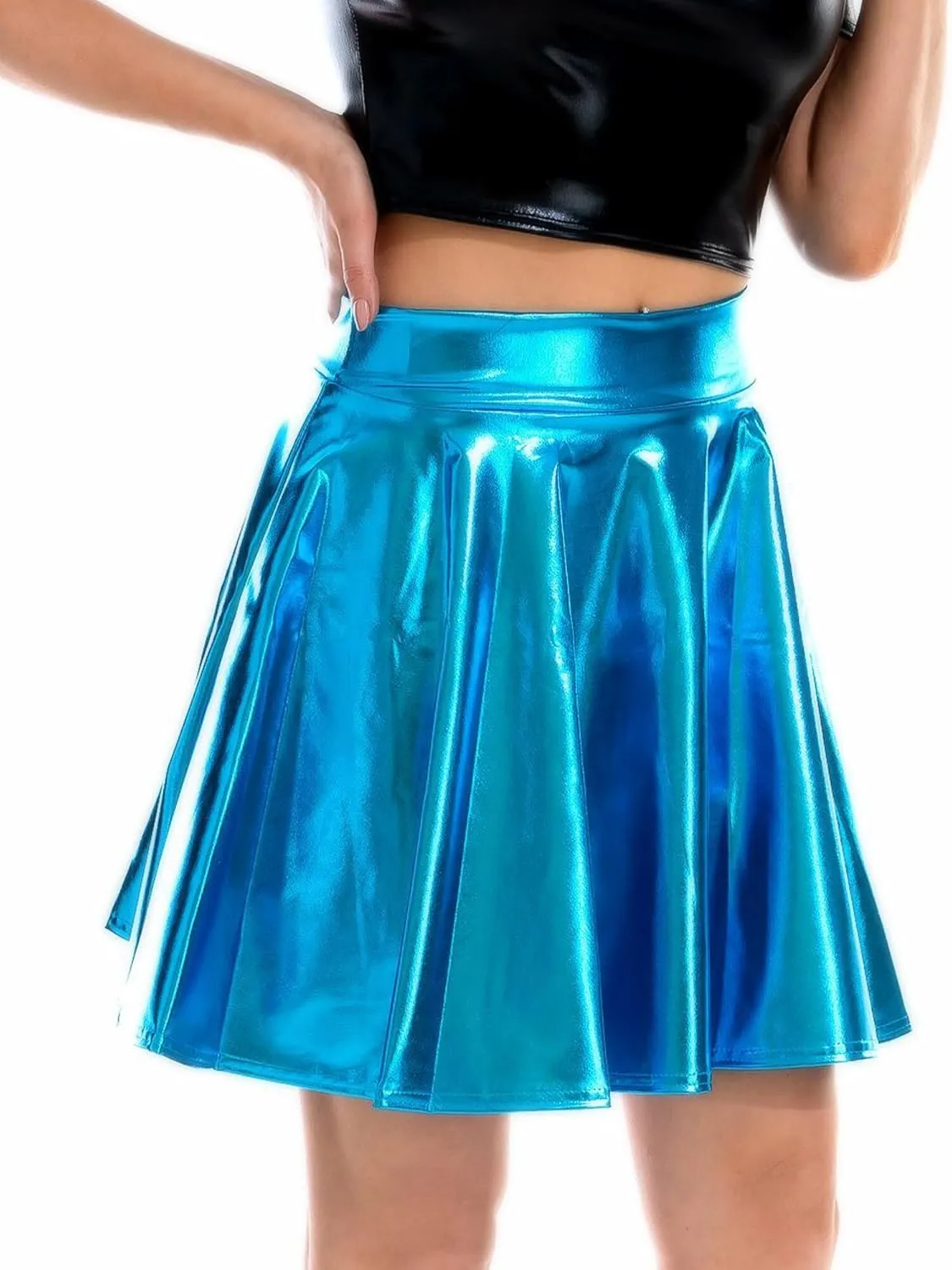 Aivtalk Metallic Skirt Shiny Flared Mini Skirt High Waist Holographic Skirt Halloween Pleated Leather Skirt