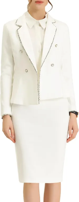 Allegra K Women's 2 Pieces Skirt Sets Business Casual Outfits Tweed Trim Blazer Jacket and Pencil Skirt Suit Set