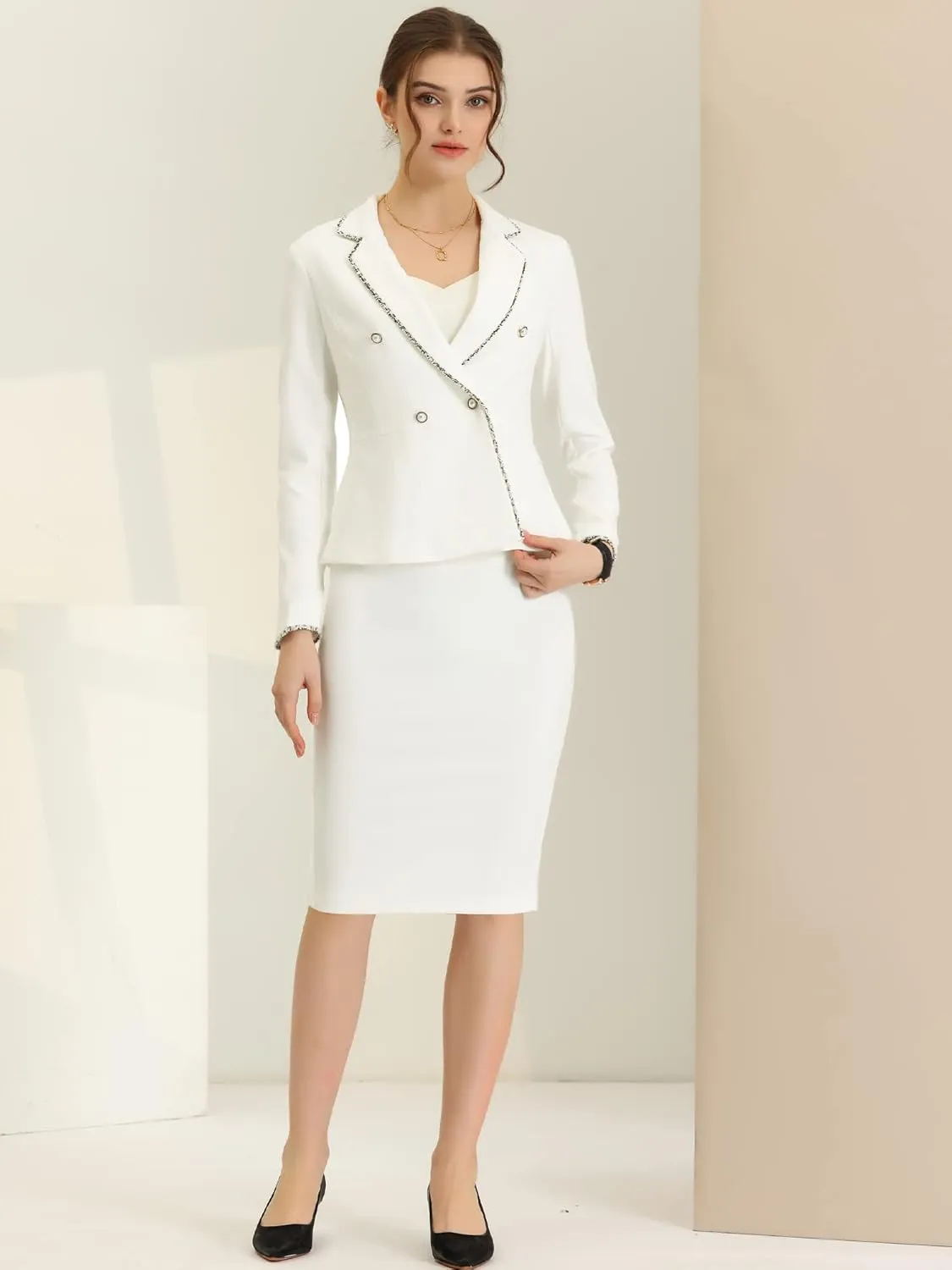 Allegra K Women's 2 Pieces Skirt Sets Business Casual Outfits Tweed Trim Blazer Jacket and Pencil Skirt Suit Set