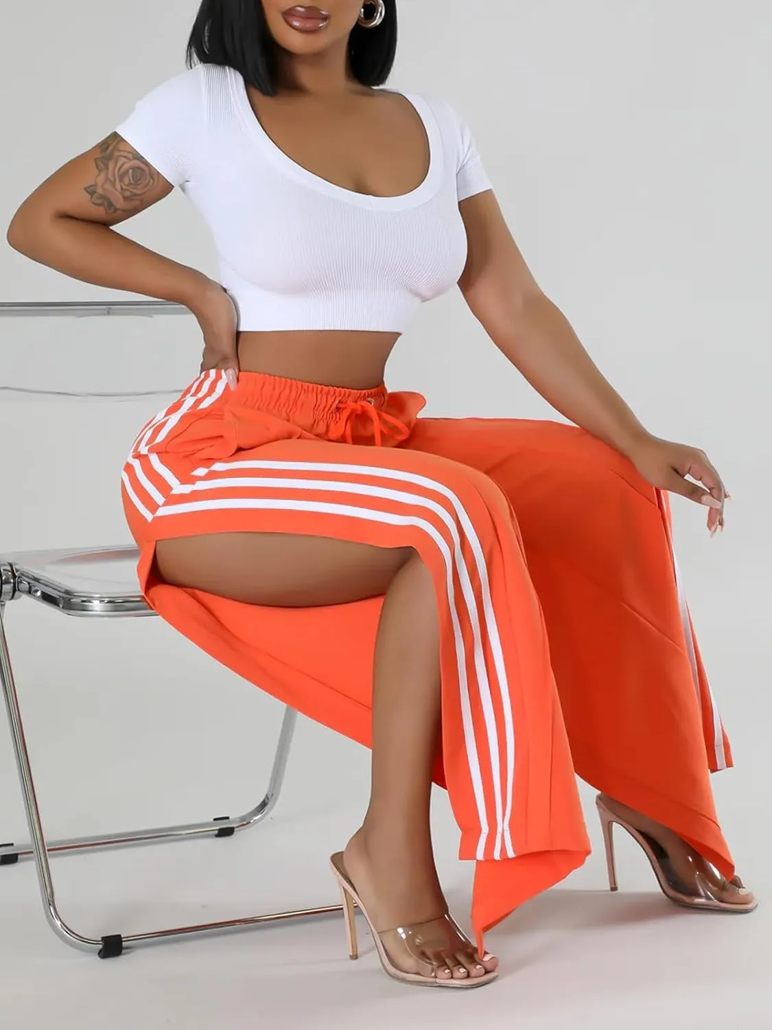 Alunzoem Womens Wide Leg Pants High Waist Striped Side Slit Stretch Casual Loose Drawstring Pant Trousers