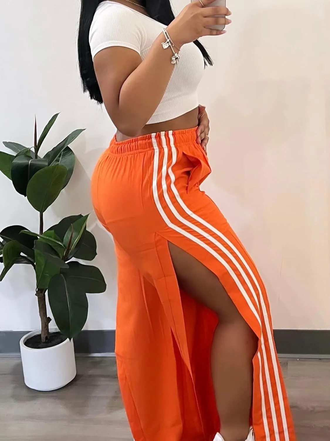 Alunzoem Womens Wide Leg Pants High Waist Striped Side Slit Stretch Casual Loose Drawstring Pant Trousers