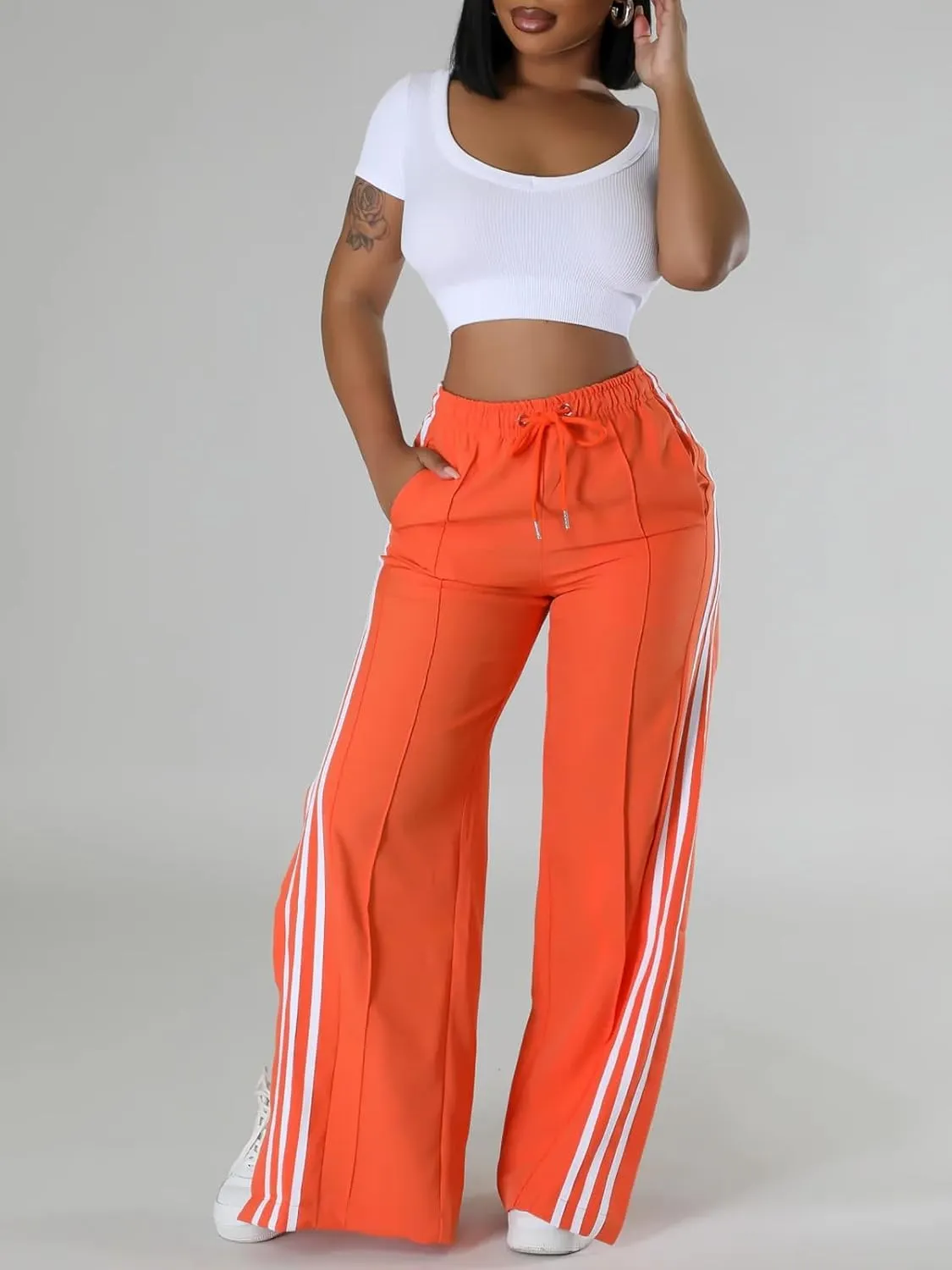 Alunzoem Womens Wide Leg Pants High Waist Striped Side Slit Stretch Casual Loose Drawstring Pant Trousers