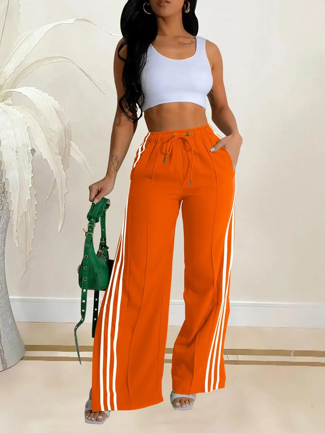 Alunzoem Womens Wide Leg Pants High Waist Striped Side Slit Stretch Casual Loose Drawstring Pant Trousers