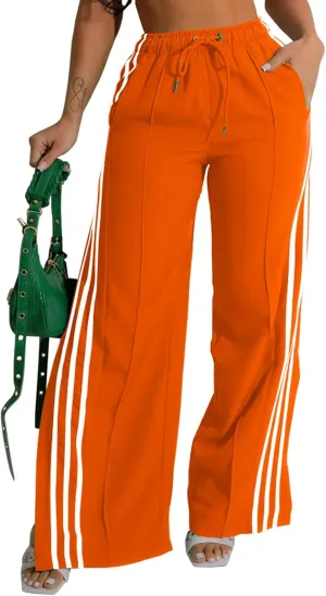 Alunzoem Womens Wide Leg Pants High Waist Striped Side Slit Stretch Casual Loose Drawstring Pant Trousers