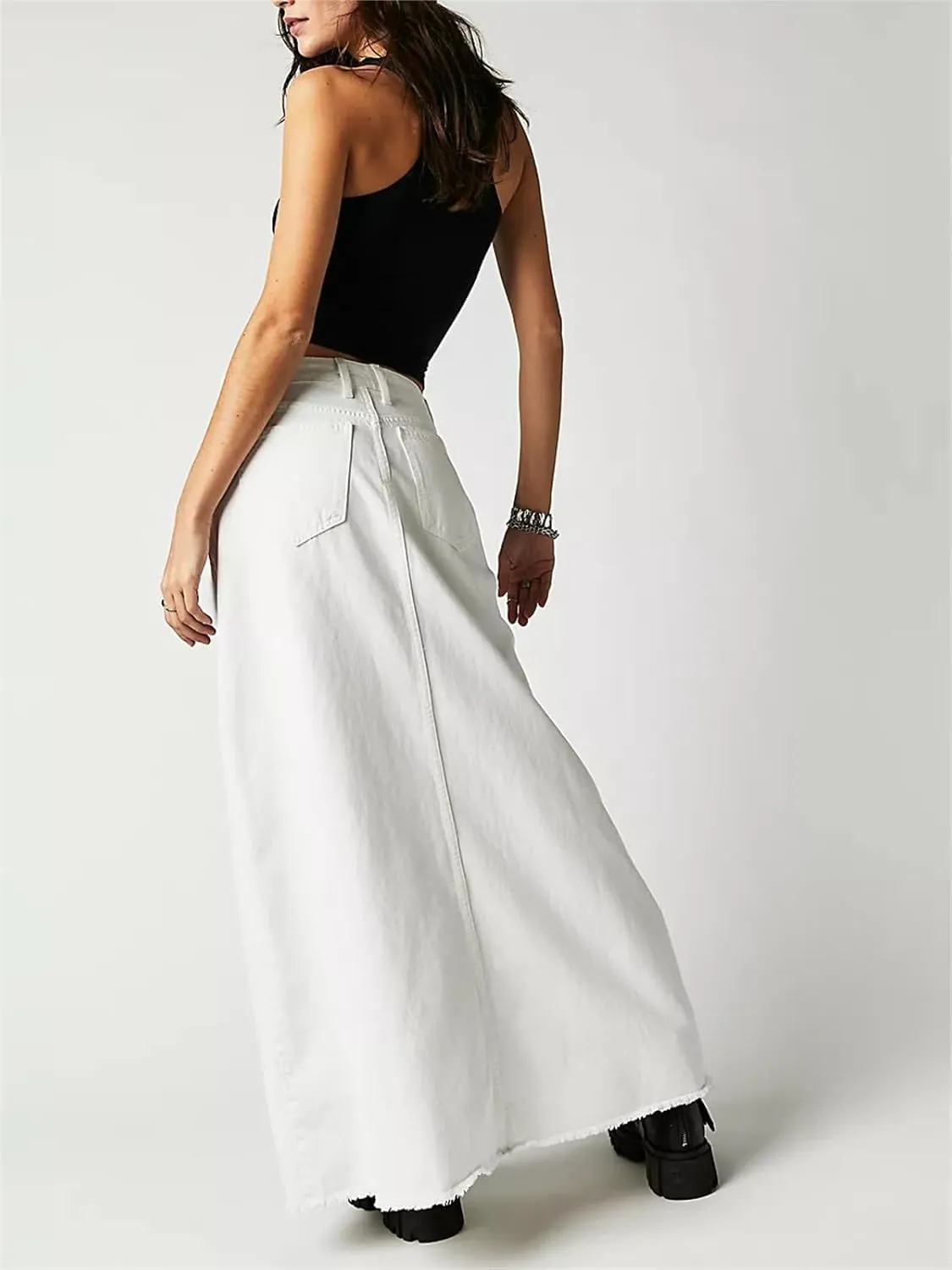 Alyweatry Women Trendy Denim Maxi Skirt High Waist A-Line Frayed Hem Loose Long Jean Skirt OOTD Streetwear