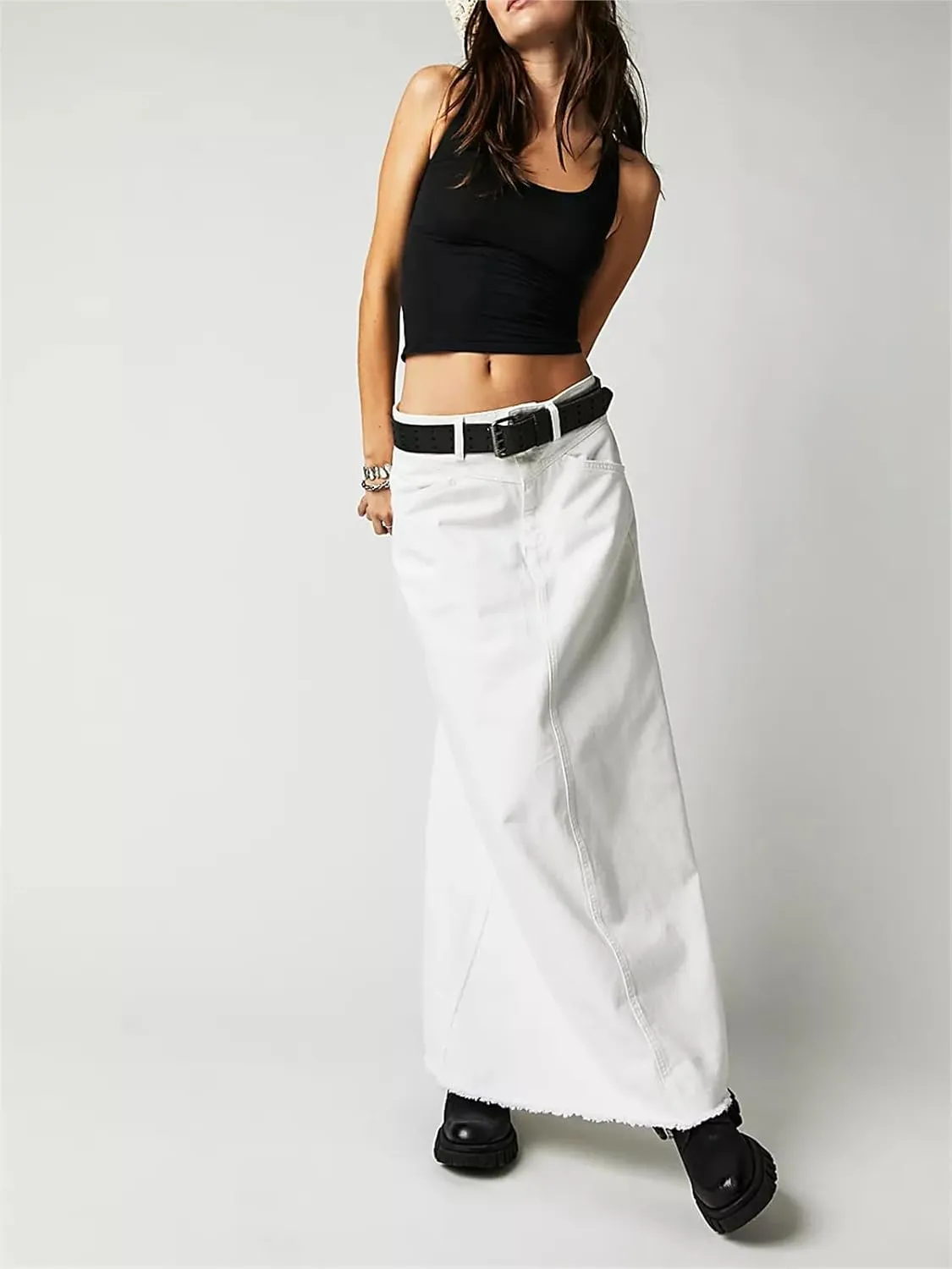 Alyweatry Women Trendy Denim Maxi Skirt High Waist A-Line Frayed Hem Loose Long Jean Skirt OOTD Streetwear