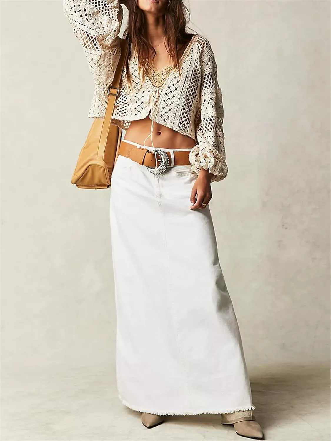 Alyweatry Women Trendy Denim Maxi Skirt High Waist A-Line Frayed Hem Loose Long Jean Skirt OOTD Streetwear