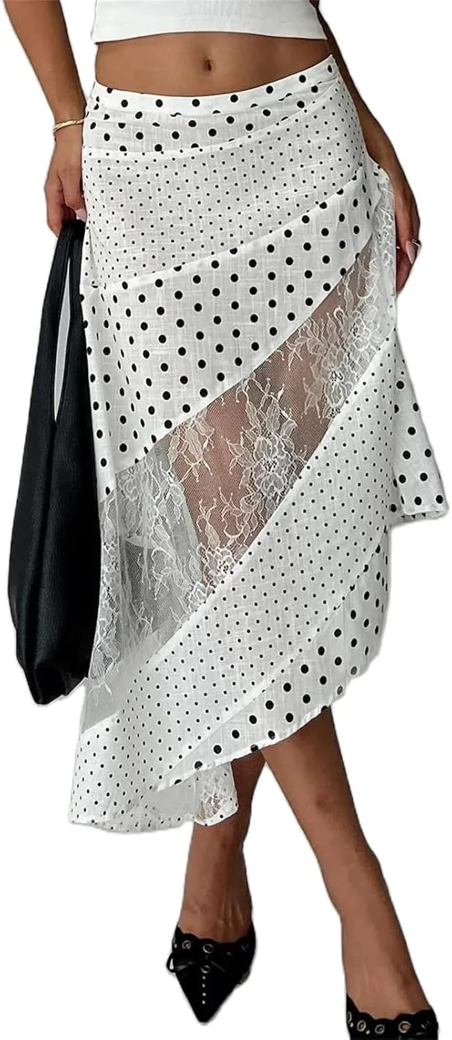 Alyweatry Women Y2k Floral Maxi Skirt Low Waist Lace Patchwork Asymmetrical Hem Aesthetic Long Skirt Trendy Streetwear