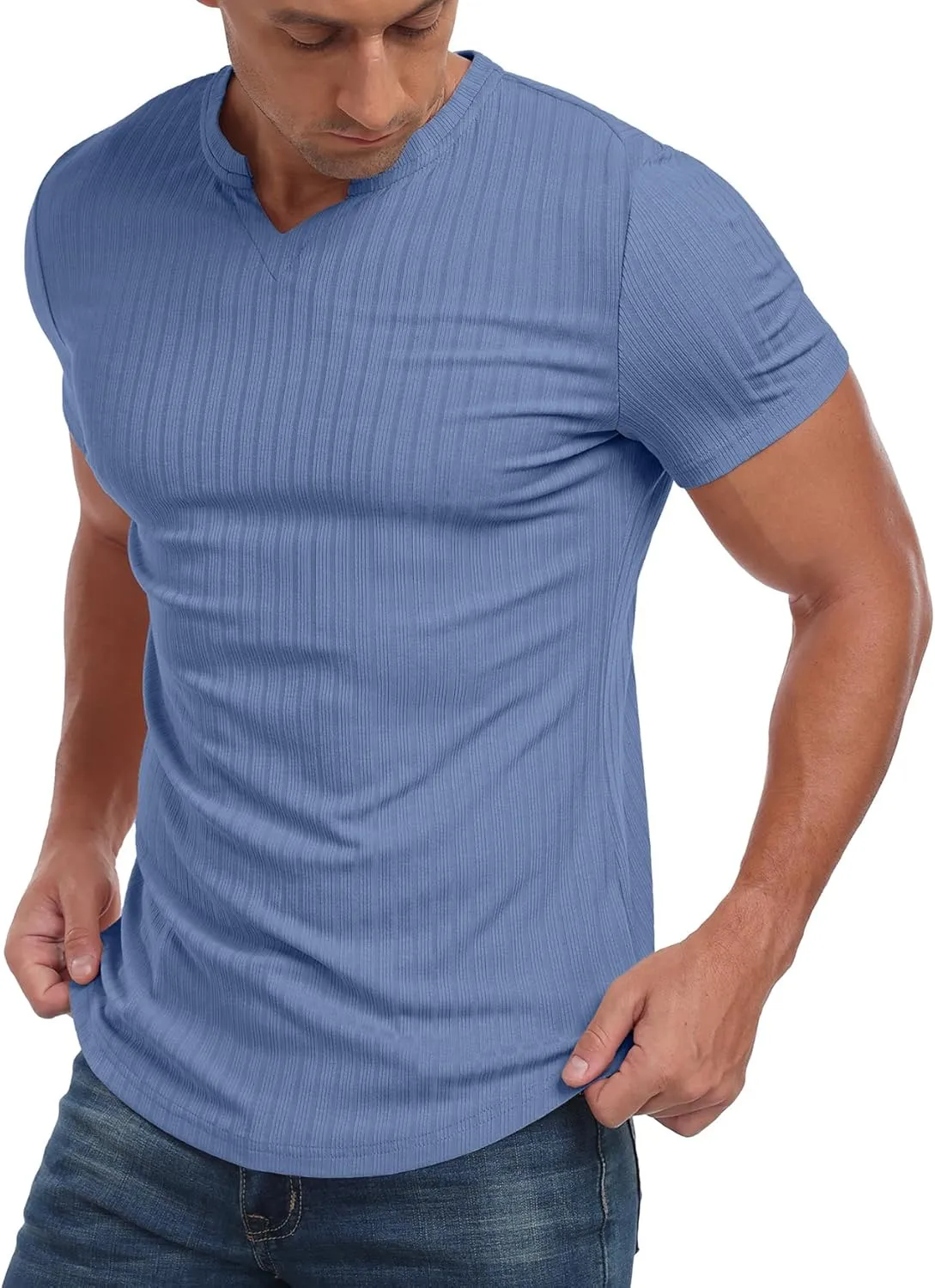 Askdeer Mens Short Sleeve Muscle T Shirt Slim Fit V-Neck Casual Shirt Gym Workout Athletic Tee