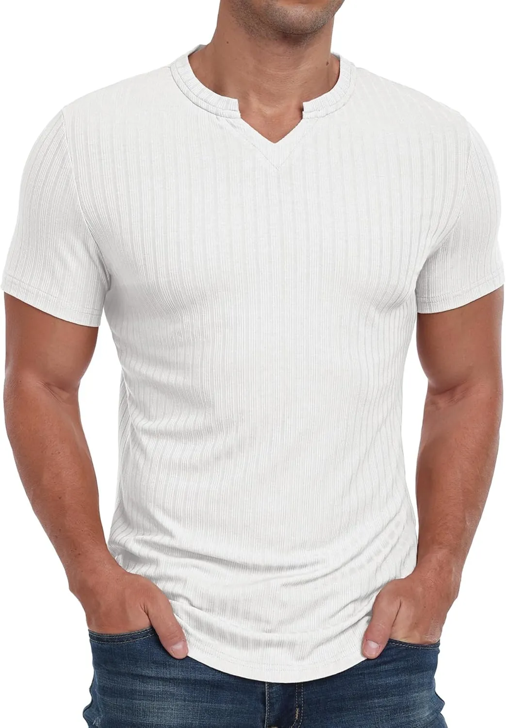 Askdeer Mens Short Sleeve Muscle T Shirt Slim Fit V-Neck Casual Shirt Gym Workout Athletic Tee