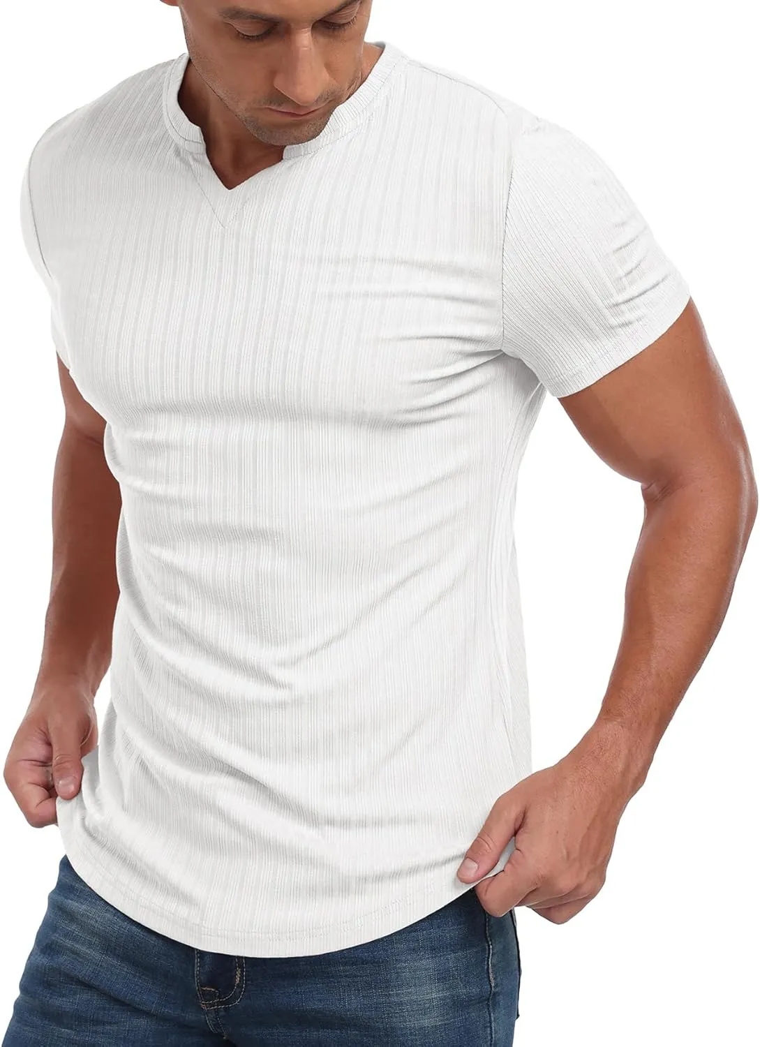 Askdeer Mens Short Sleeve Muscle T Shirt Slim Fit V-Neck Casual Shirt Gym Workout Athletic Tee