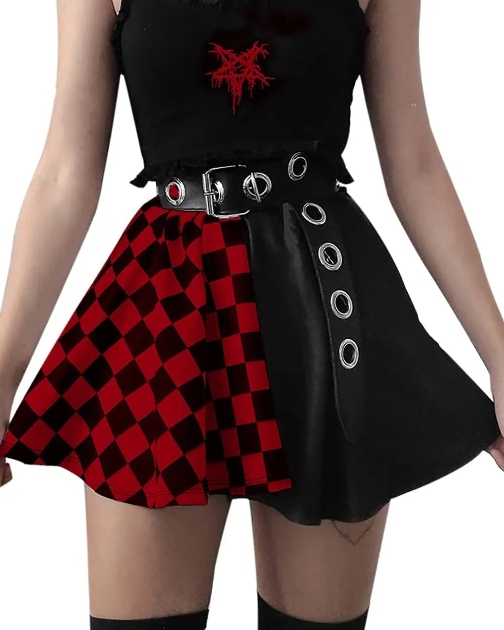 AULKEEP Gothic Black Plaid Skirts Elastic Waist Mini Skirt Goth Harajuku Patchwork Skirt with Belt