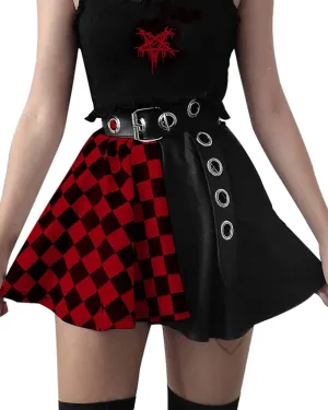 AULKEEP Gothic Black Plaid Skirts Elastic Waist Mini Skirt Goth Harajuku Patchwork Skirt with Belt