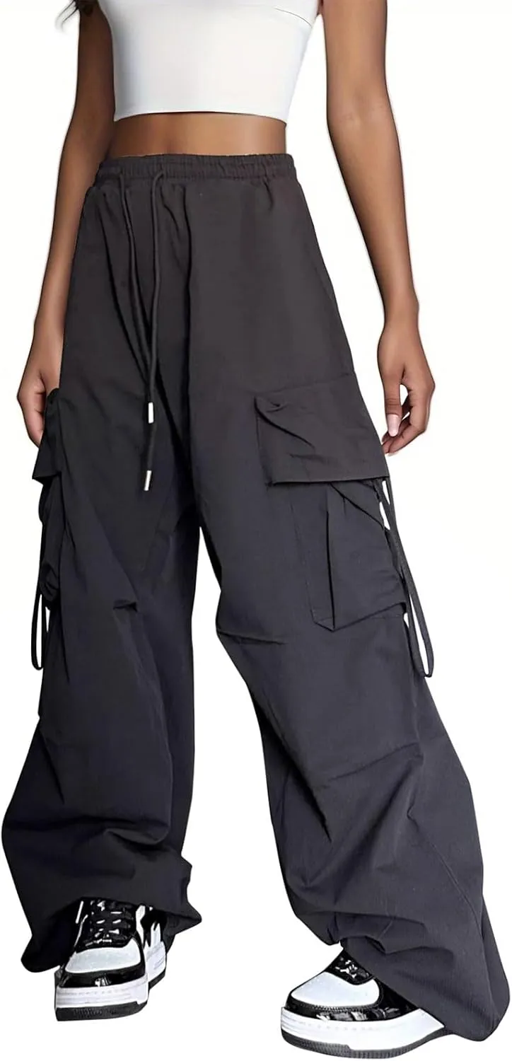 Baggy Parachute Pants for Womens Wide Leg Cargo Pants Y2k with Pockets Boyfriend Harajuku Streetwear Goth