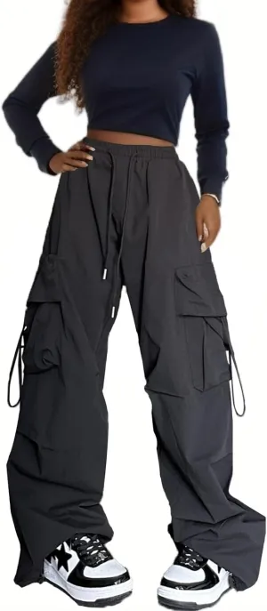 Baggy Parachute Pants for Womens Wide Leg Cargo Pants Y2k with Pockets Boyfriend Harajuku Streetwear Goth