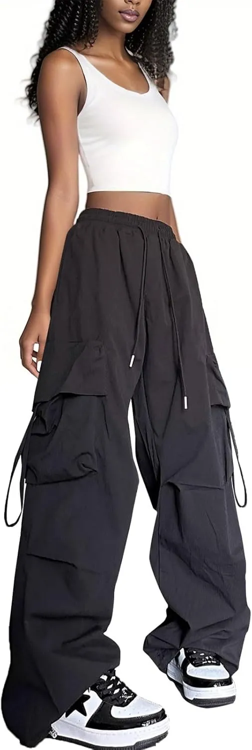 Baggy Parachute Pants for Womens Wide Leg Cargo Pants Y2k with Pockets Boyfriend Harajuku Streetwear Goth