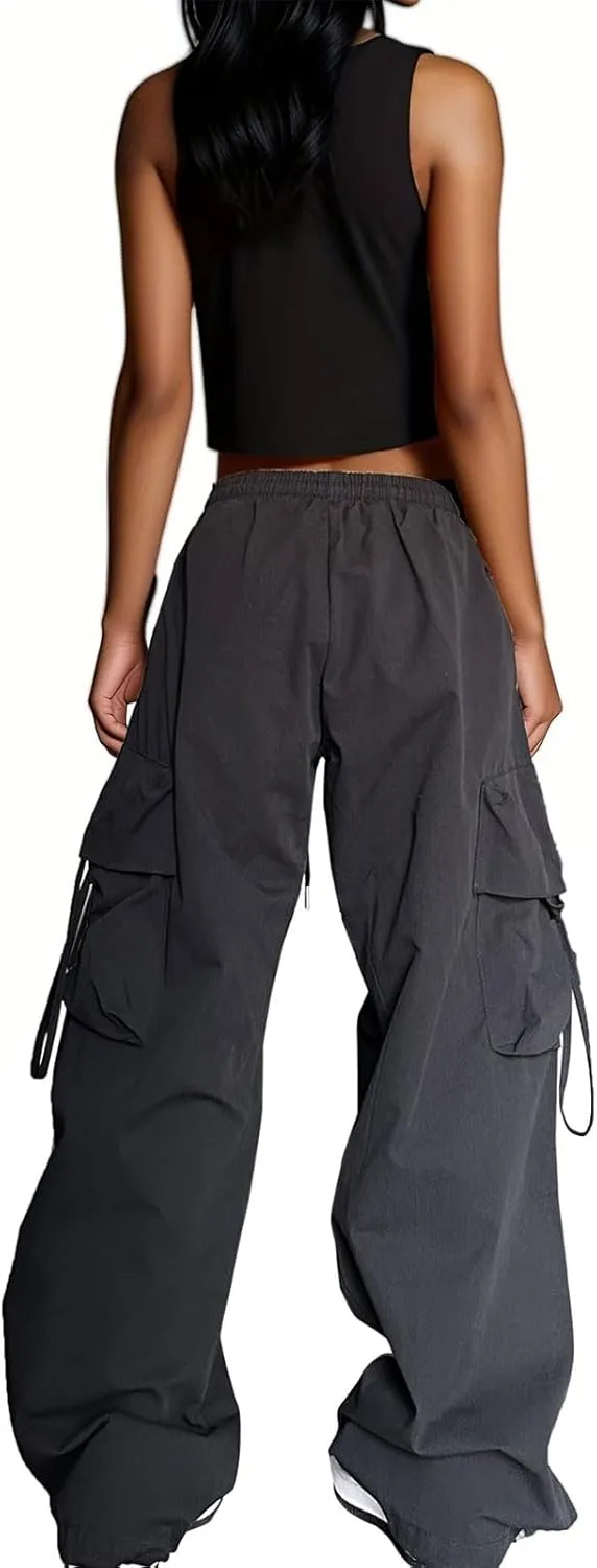 Baggy Parachute Pants for Womens Wide Leg Cargo Pants Y2k with Pockets Boyfriend Harajuku Streetwear Goth