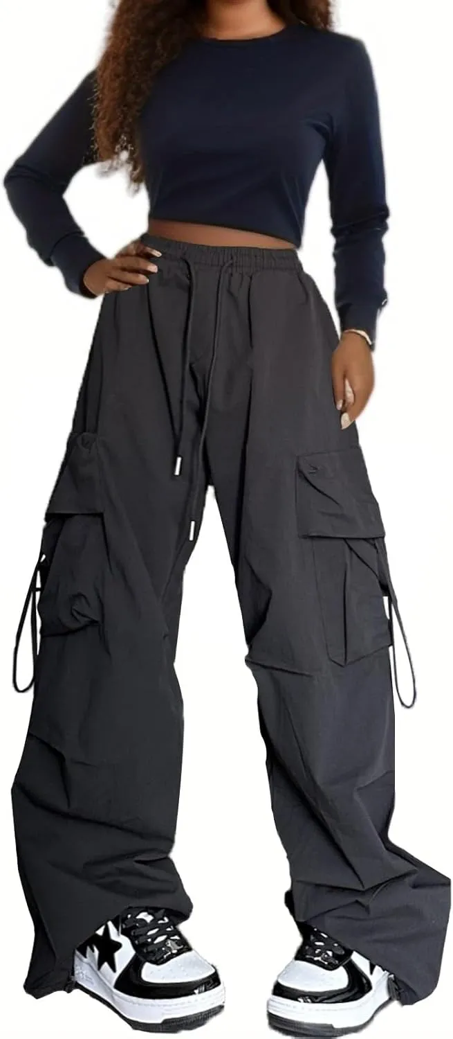 Baggy Parachute Pants for Womens Wide Leg Cargo Pants Y2k with Pockets Boyfriend Harajuku Streetwear Goth