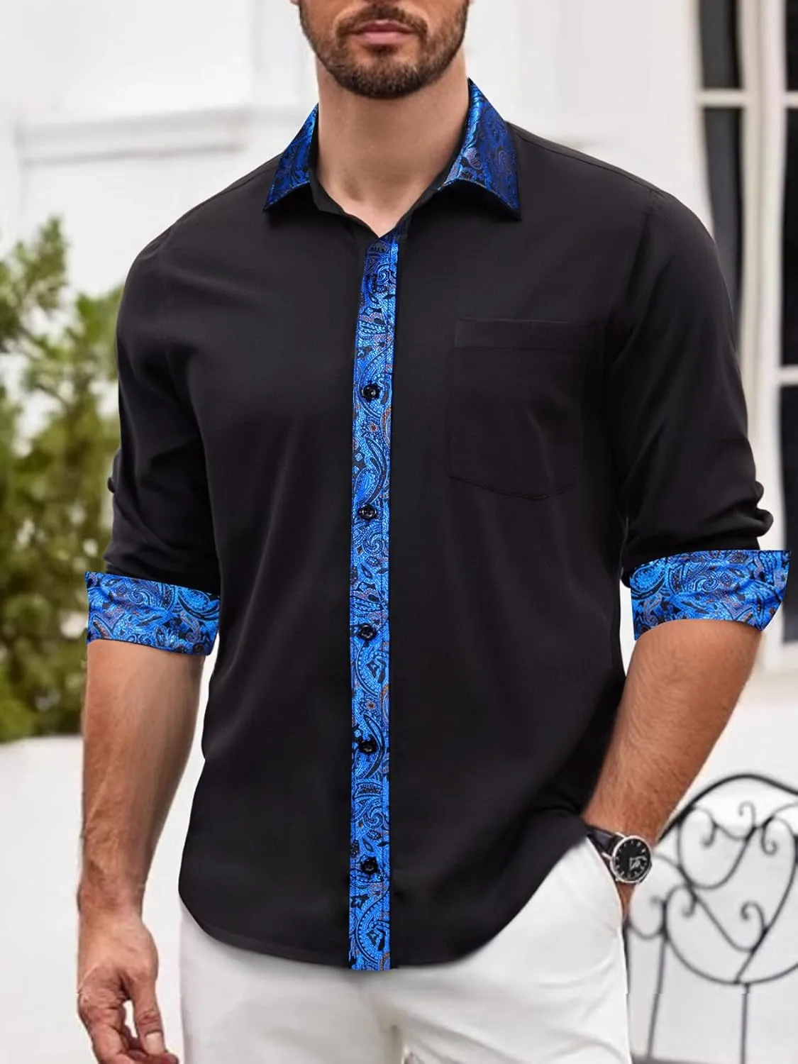 Barry.Wang Mens Dress Shirts Long Sleeve Button Down Business Formal Shirt Collar Cuff Contrast Casual Shirt Wedding