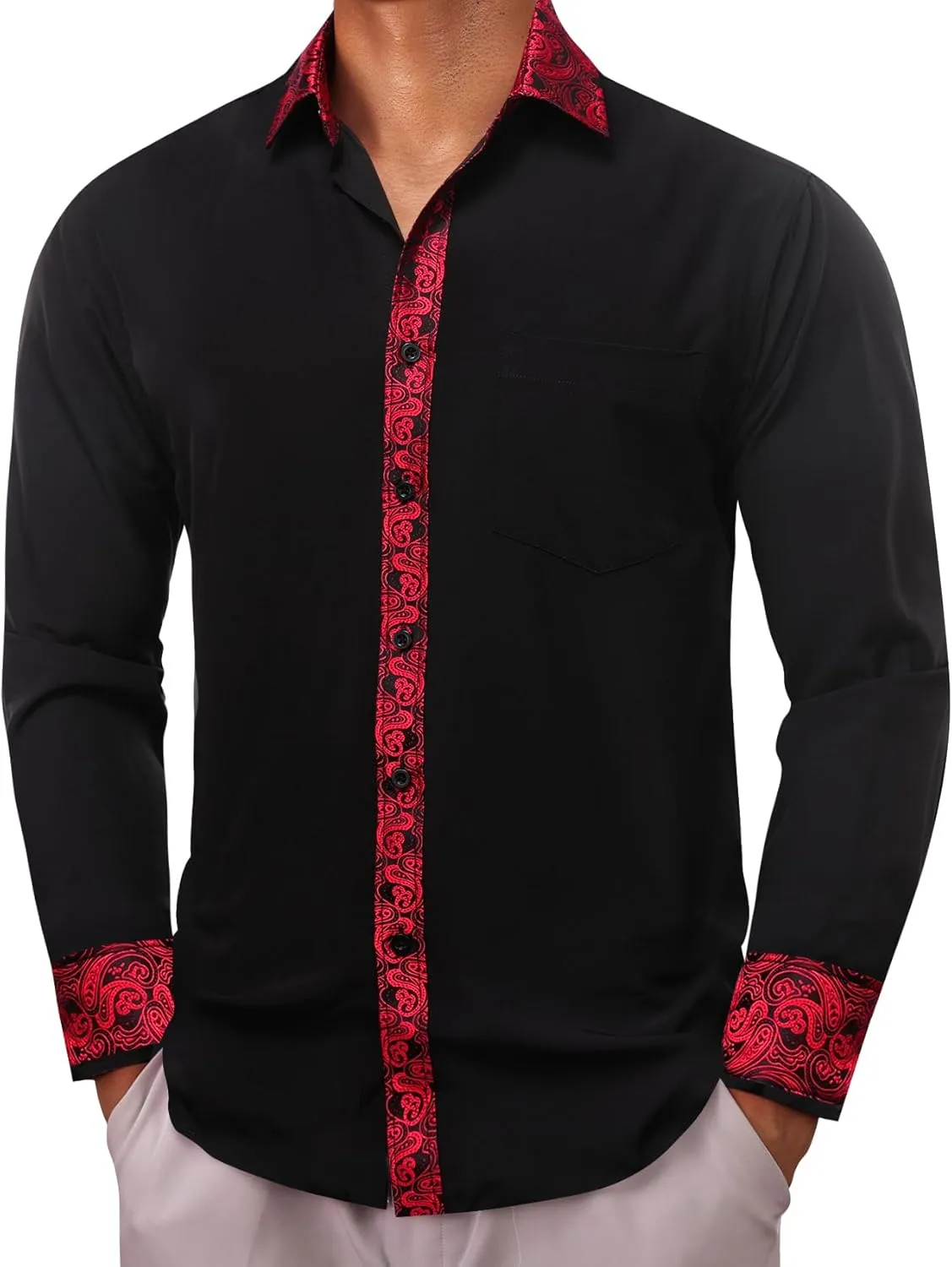 Barry.Wang Mens Dress Shirts Long Sleeve Button Down Business Formal Shirt Collar Cuff Contrast Casual Shirt Wedding
