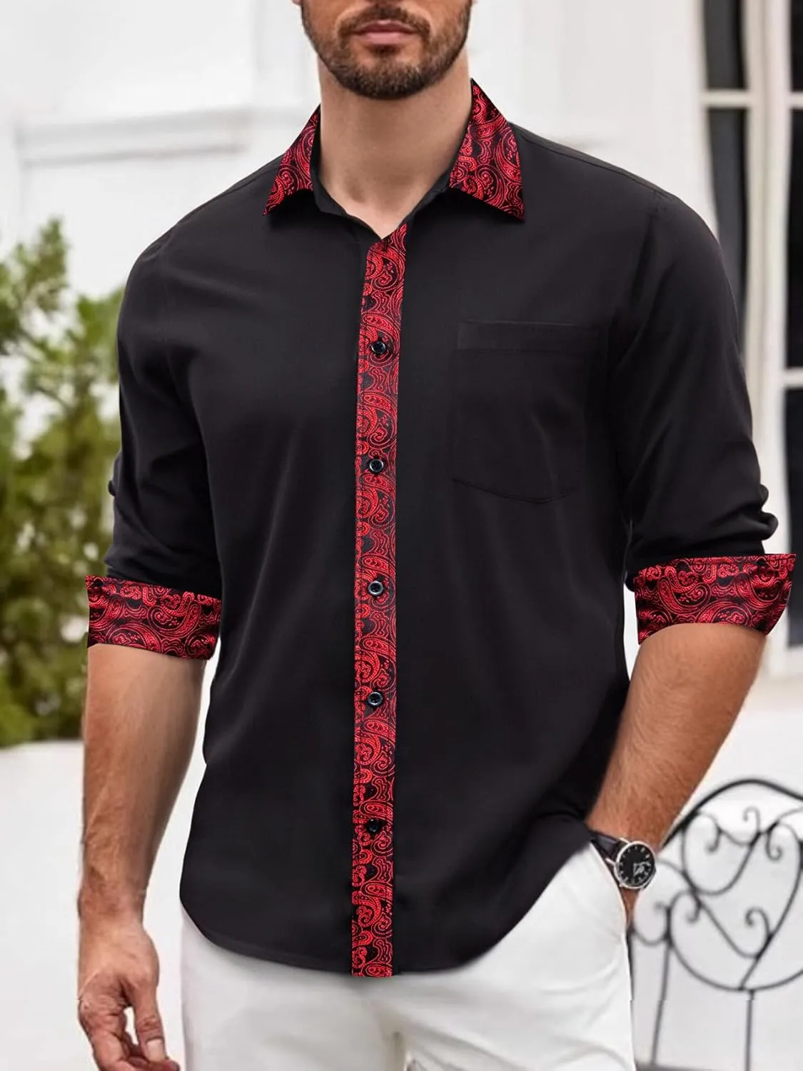 Barry.Wang Mens Dress Shirts Long Sleeve Button Down Business Formal Shirt Collar Cuff Contrast Casual Shirt Wedding