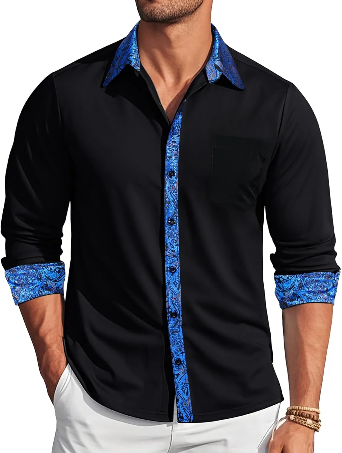 Barry.Wang Mens Dress Shirts Long Sleeve Button Down Business Formal Shirt Collar Cuff Contrast Casual Shirt Wedding
