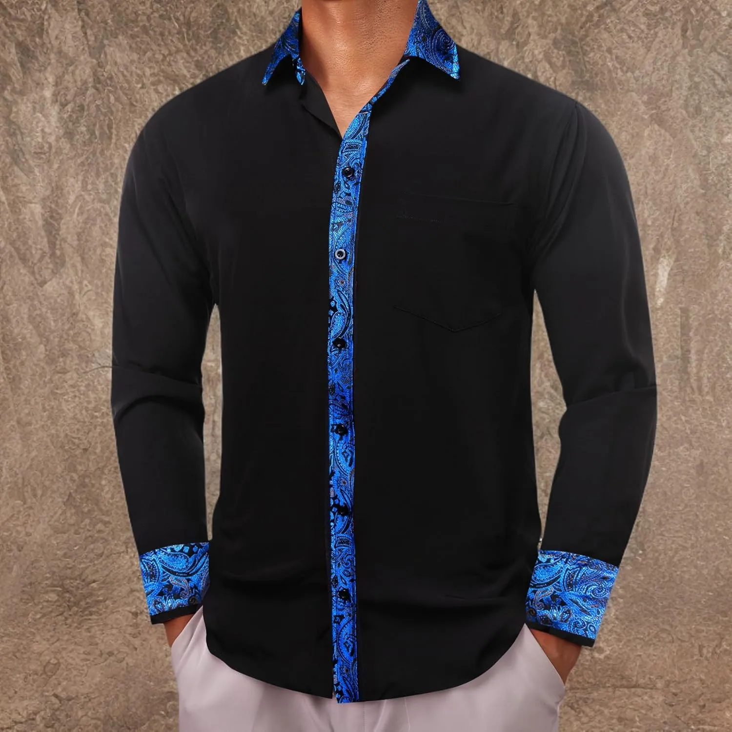 Barry.Wang Mens Dress Shirts Long Sleeve Button Down Business Formal Shirt Collar Cuff Contrast Casual Shirt Wedding