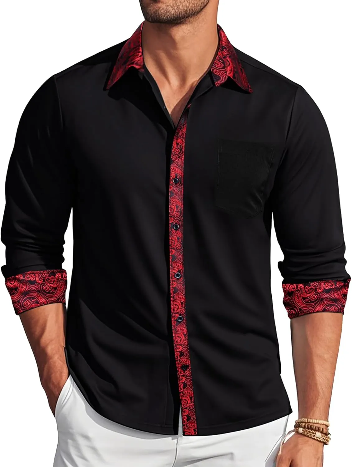 Barry.Wang Mens Dress Shirts Long Sleeve Button Down Business Formal Shirt Collar Cuff Contrast Casual Shirt Wedding