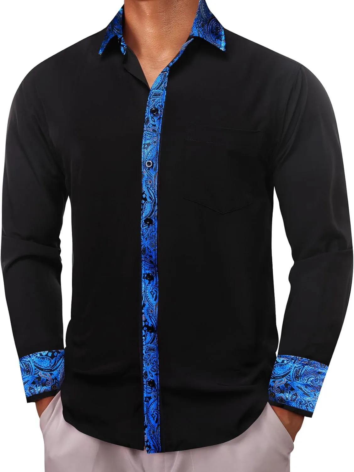 Barry.Wang Mens Dress Shirts Long Sleeve Button Down Business Formal Shirt Collar Cuff Contrast Casual Shirt Wedding