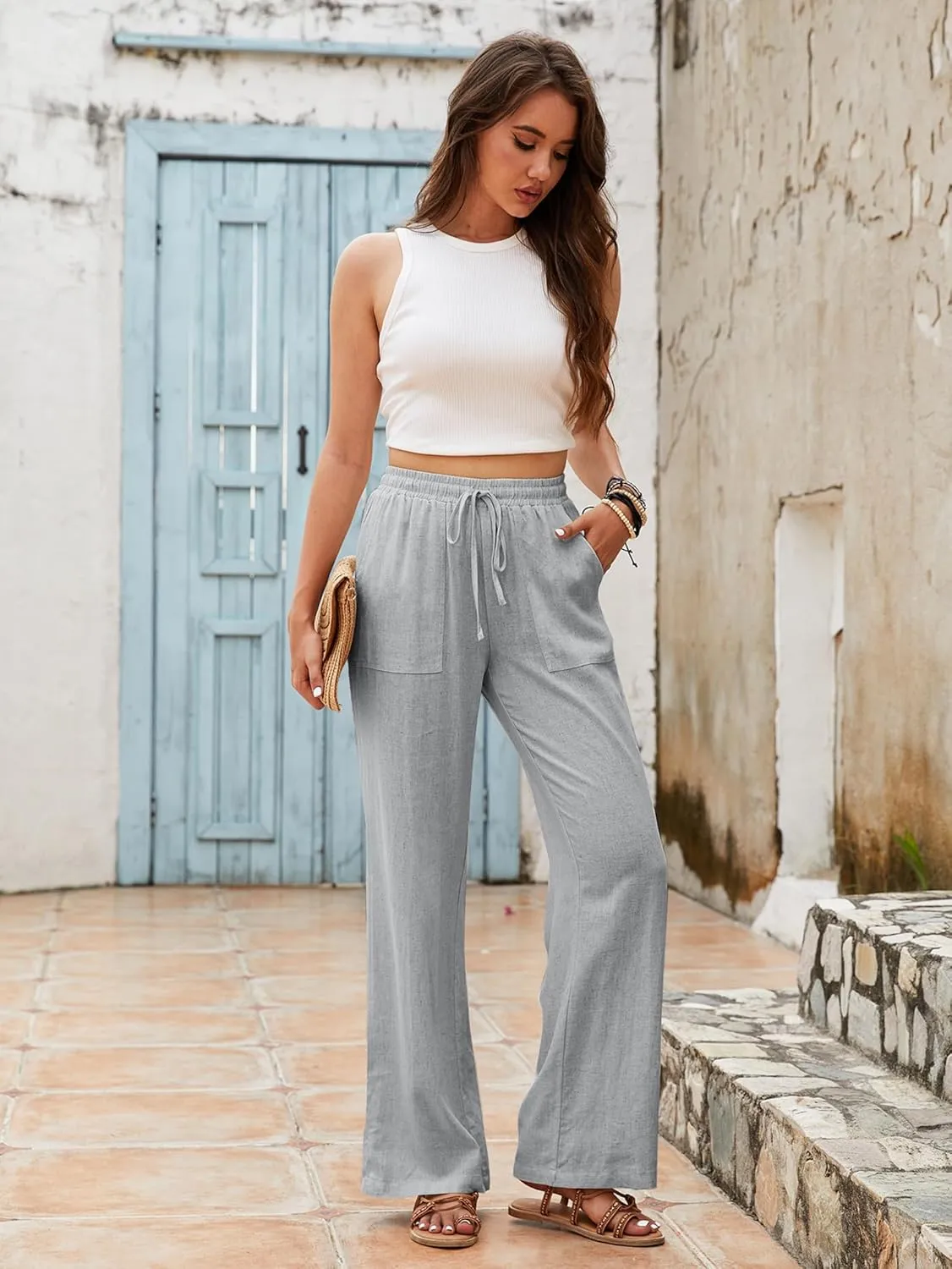 Beautiful Nomad Women's Linen Pants High Waisted Straight Pant Casual Flowy Wide Leg Drawstring Trousers with Pockets