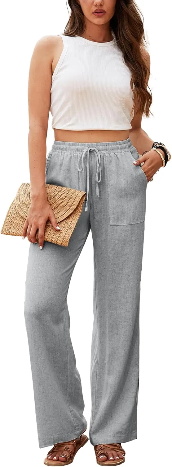 Beautiful Nomad Women's Linen Pants High Waisted Straight Pant Casual Flowy Wide Leg Drawstring Trousers with Pockets
