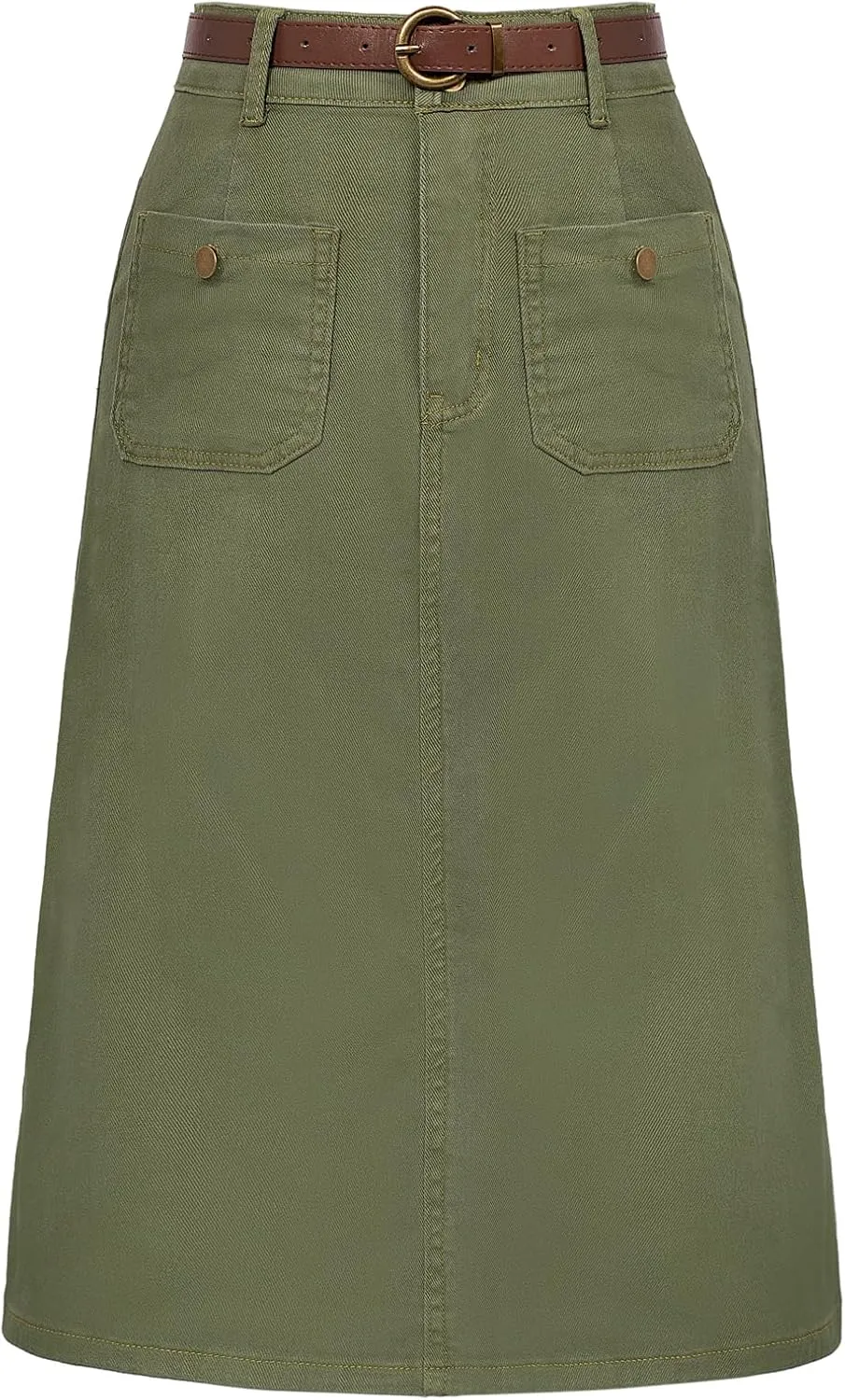 Belle Poque Denim Skirt with Belt Below Knee Length High Waisted Jean Skirts for Women