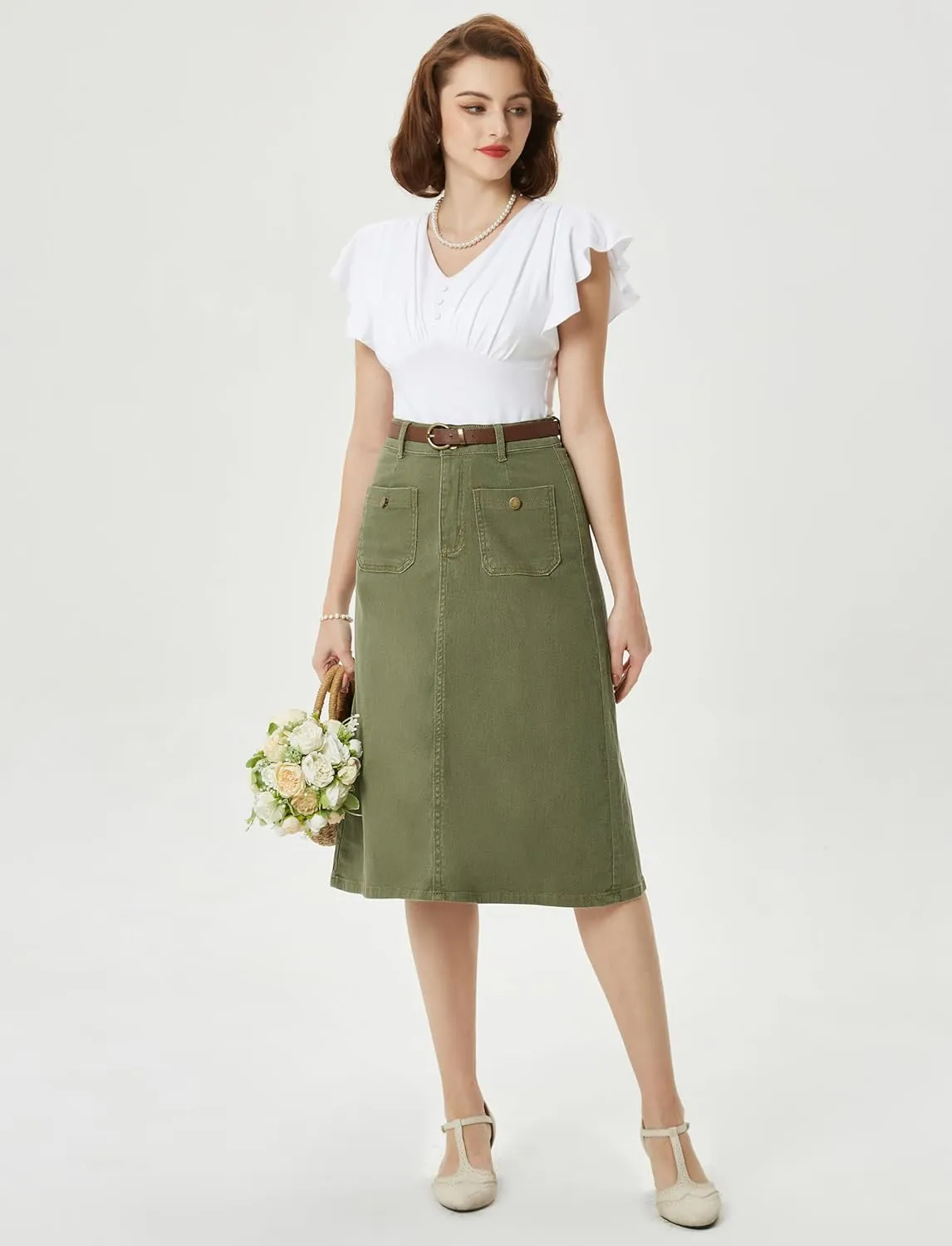 Belle Poque Denim Skirt with Belt Below Knee Length High Waisted Jean Skirts for Women