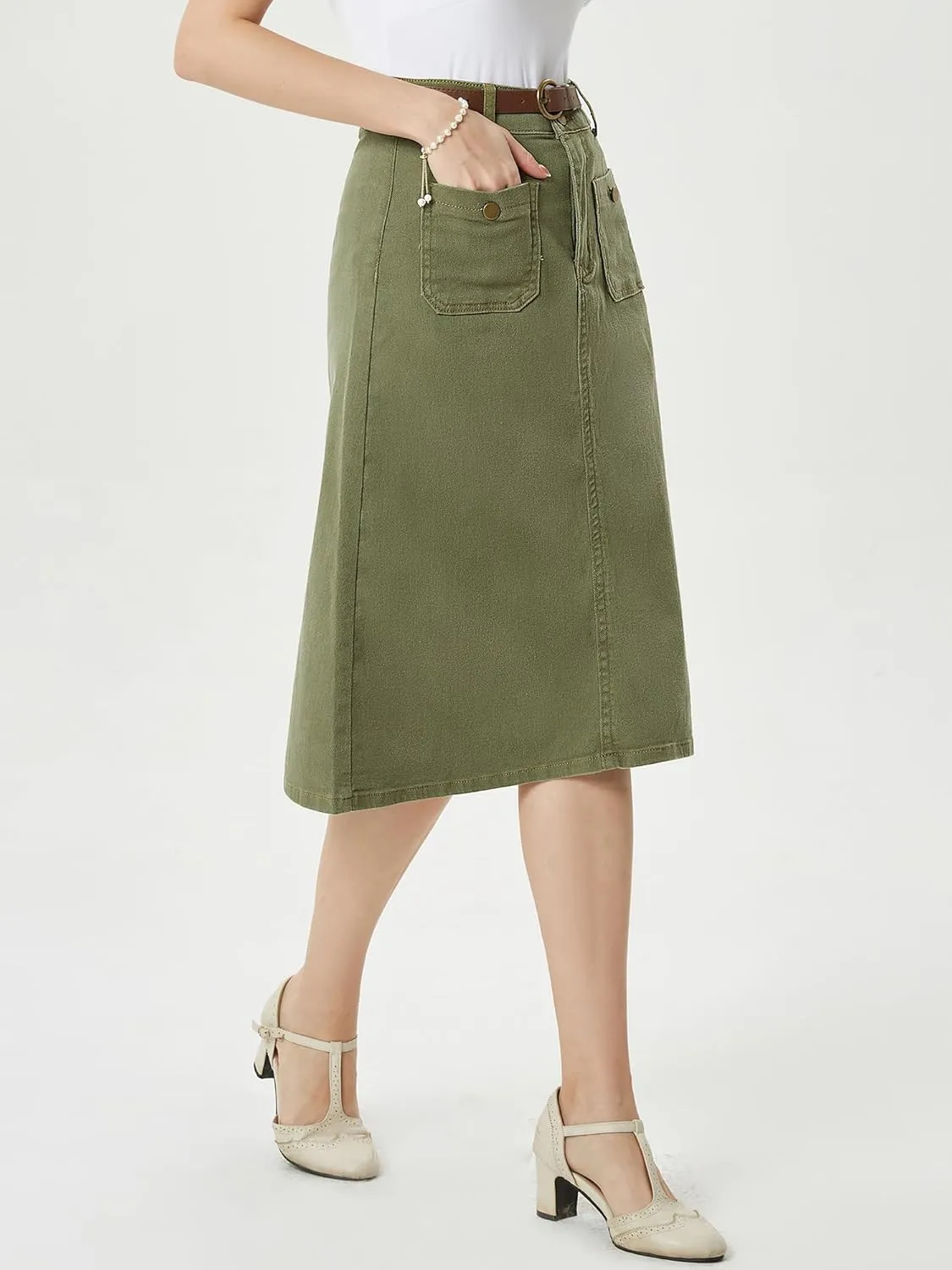Belle Poque Denim Skirt with Belt Below Knee Length High Waisted Jean Skirts for Women