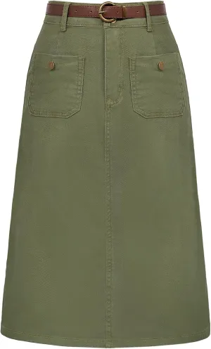 Belle Poque Denim Skirt with Belt Below Knee Length High Waisted Jean Skirts for Women