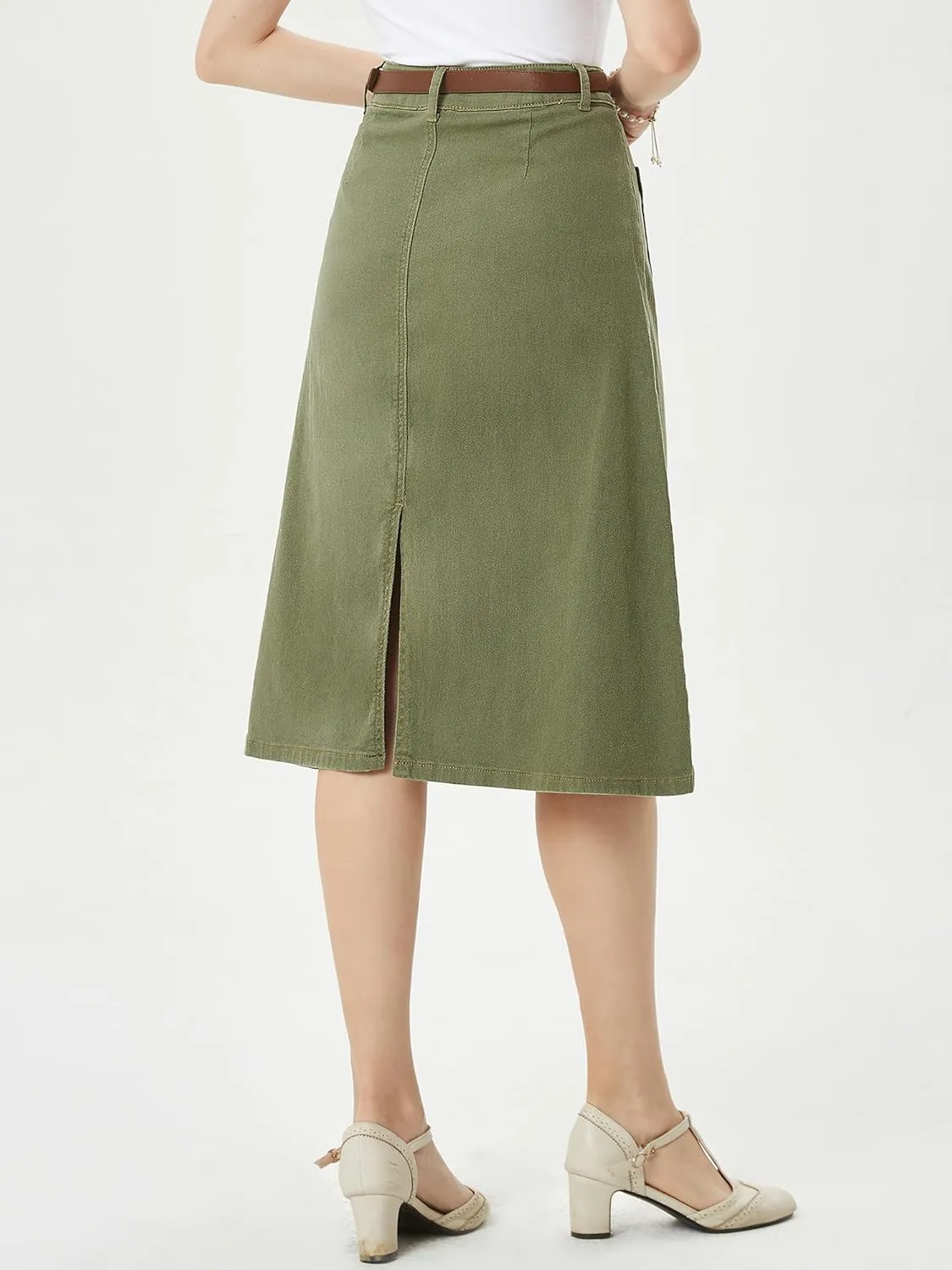 Belle Poque Denim Skirt with Belt Below Knee Length High Waisted Jean Skirts for Women
