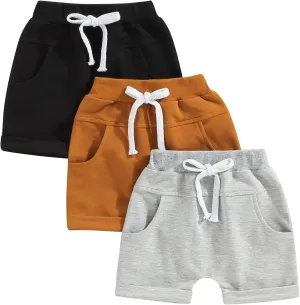 BHMAWSRT Infant Baby Boy Summer Shorts 3-Pack Toddler Shorts Boys Solid Color Newborn Soft Sweat Shorts with Drawstring