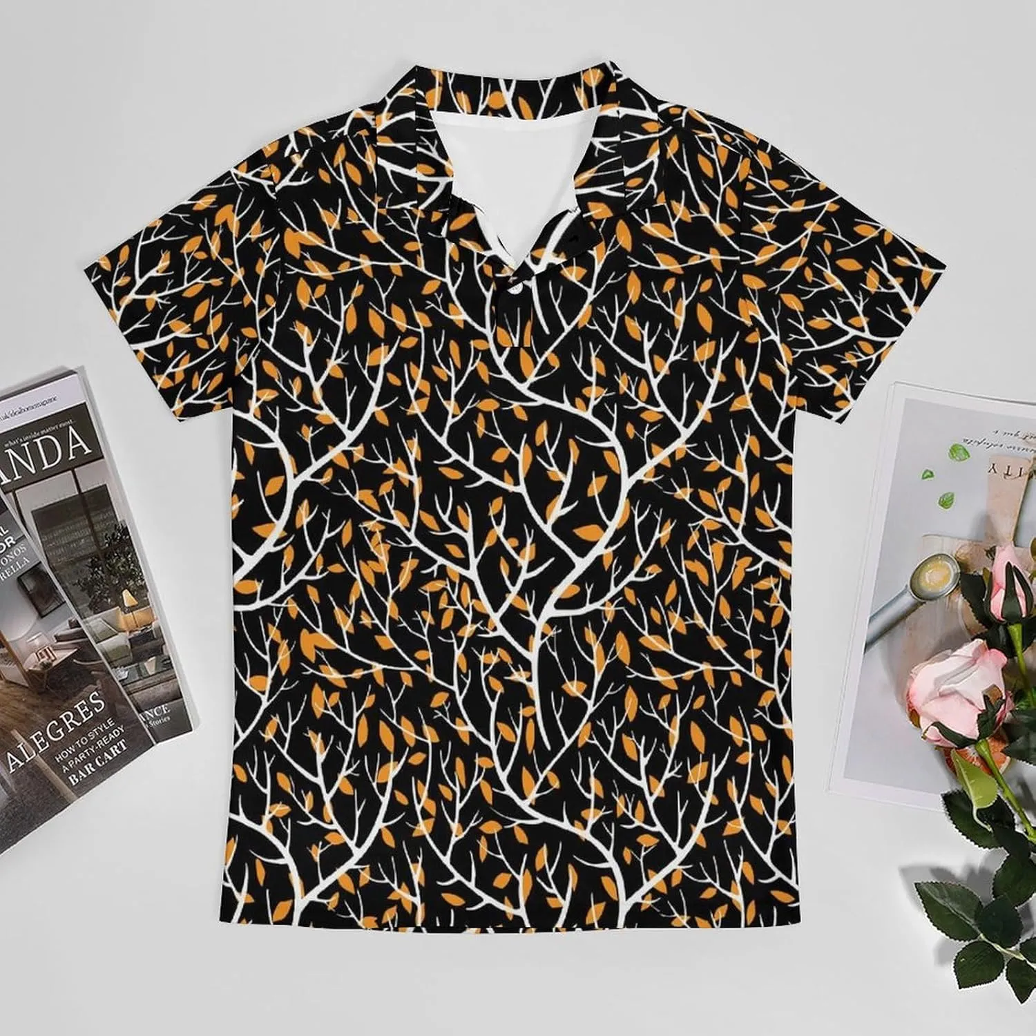 Blue Yellow Floral Rose Pattern Men's Short Sleeve Classic Fit Performance Moisture Wicking Polo (Available in Big & Tall)